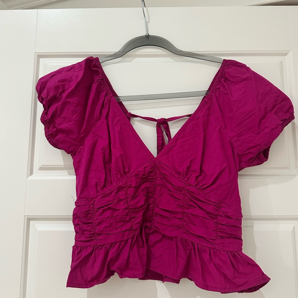 Pink Ruched Puff Sleeve Crop Blouse